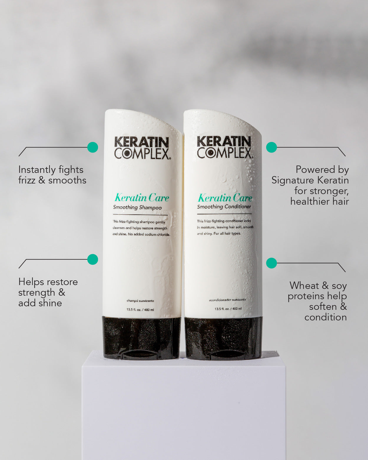 infographic|| instantly fights frizz &amp; smooths, helps restore strength &amp; add shine, powered by signature keratin for stronger healthier hair, wheat &amp; soy proteins help soften &amp; condition 