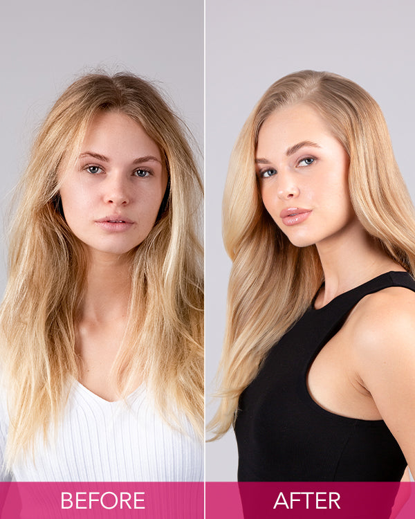 Before and after keratin smoothing treatment on blonde hair reducing frizz