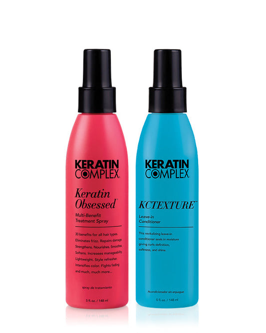 Keratin Complex Blow Dry Essential Curl Duo styling spray and leave-in conditioner for frizz control