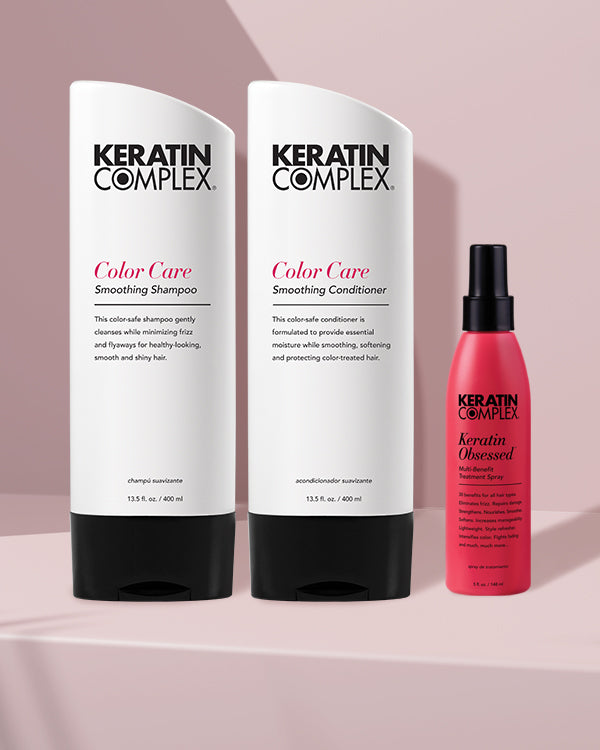 Keratin Complex colour care products with smoothing shampoo conditioner and leave-in treatment spray