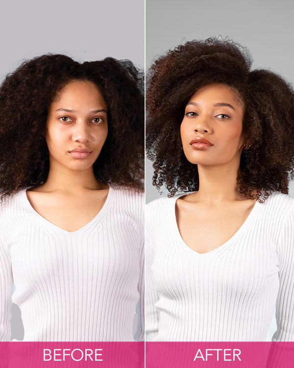 Curly hair transformation with improved moisture and reduced dryness after treatment