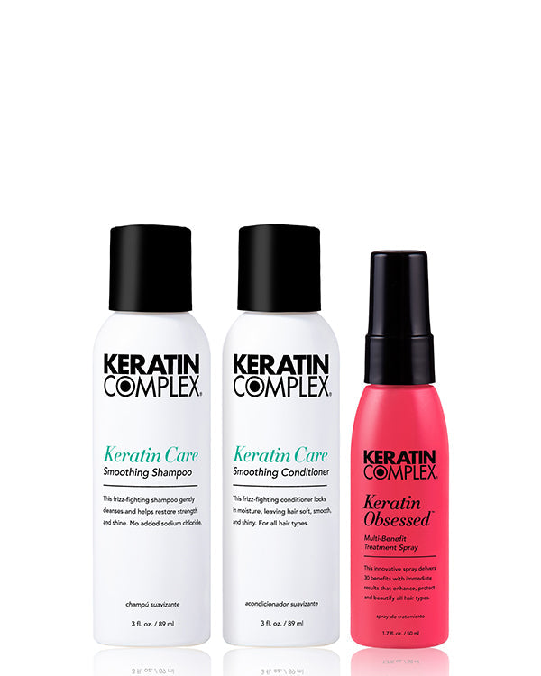 Keratin Complex Healthy Hair Trio Kit with shampoo conditioner and treatment spray for smooth shiny hair