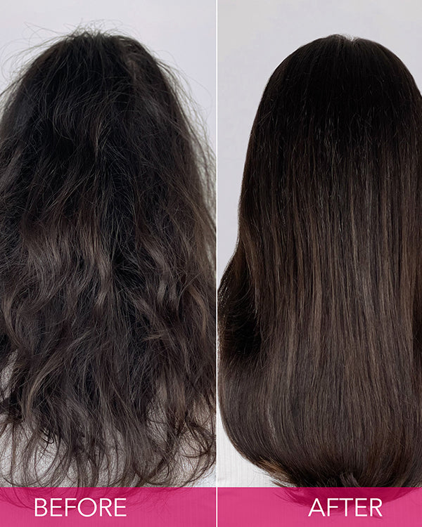 Before and after using Keratin Complex KCEXPRESS showing smoother straighter and frizz-free hair