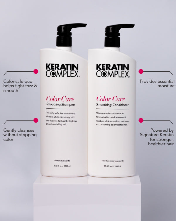 Infographic - Colour-safe duo helps fight frizz &amp; smooth, gently cleanses without stripping colour, provides essential moisture, powered by signature keratin for stronger healthier hair. Keratin Complex UK