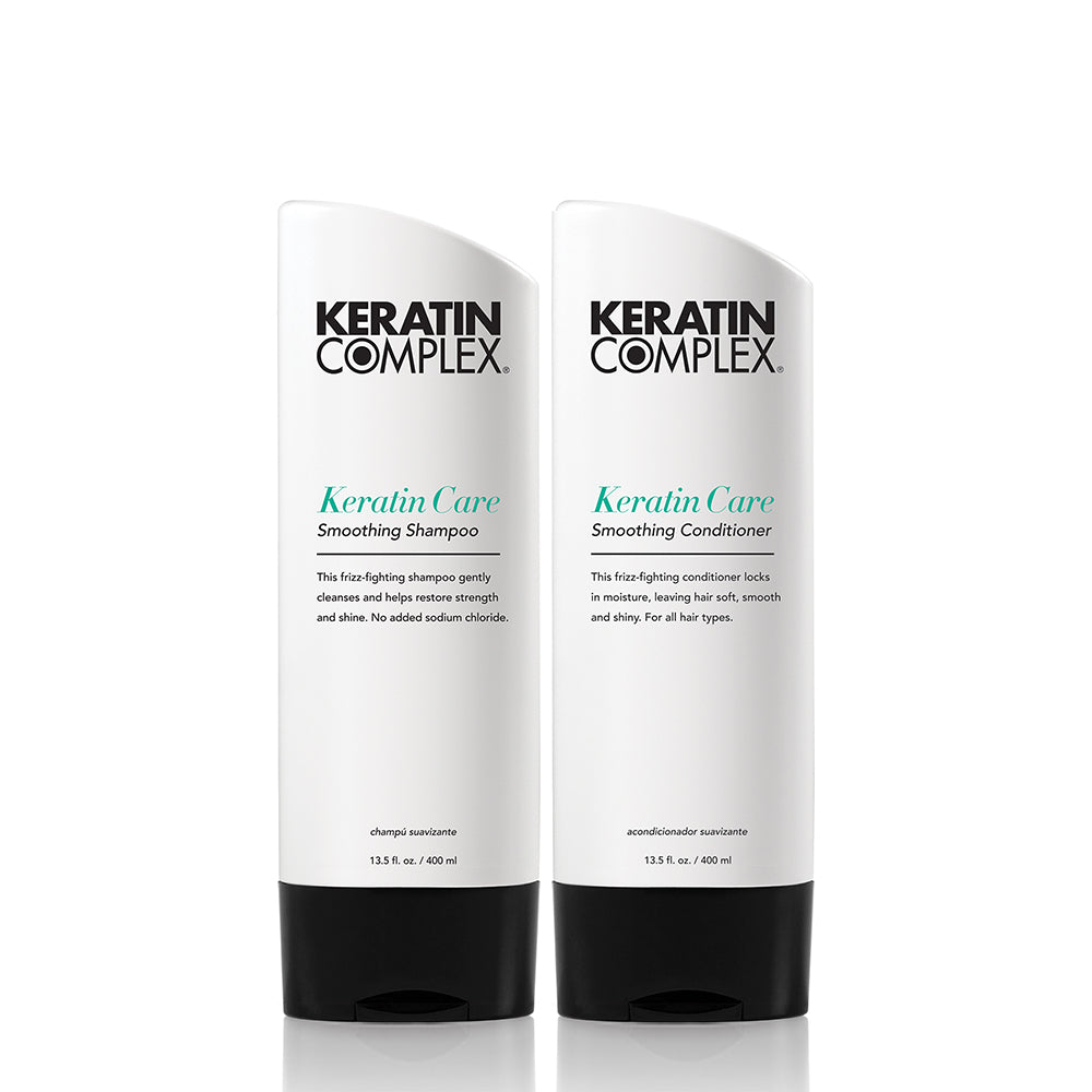 Keratin Care Smoothing Shampoo and Conditioner on white background