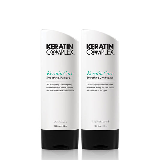 Keratin Care Smoothing Shampoo and Conditioner on white background