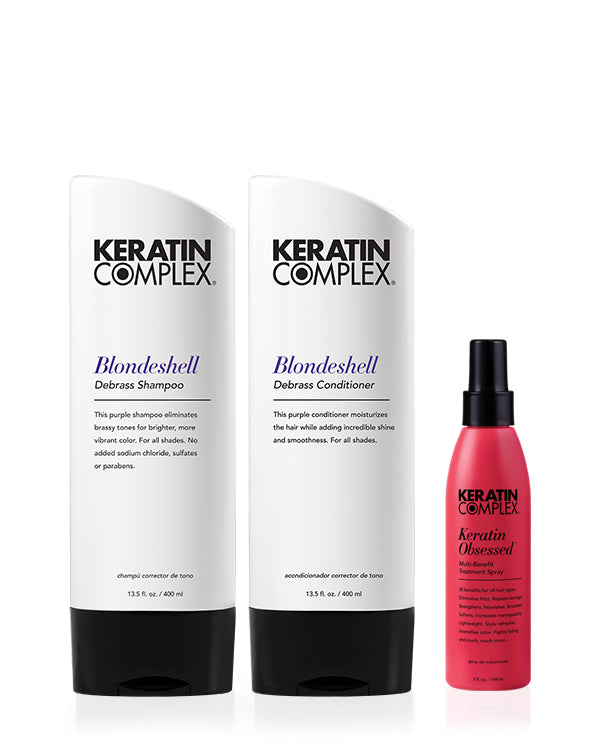 Keratin Complex Repair Hair Bundle with Blondeshell Debrass shampoo conditioner and treatment spray for blonde and colour-treated hair