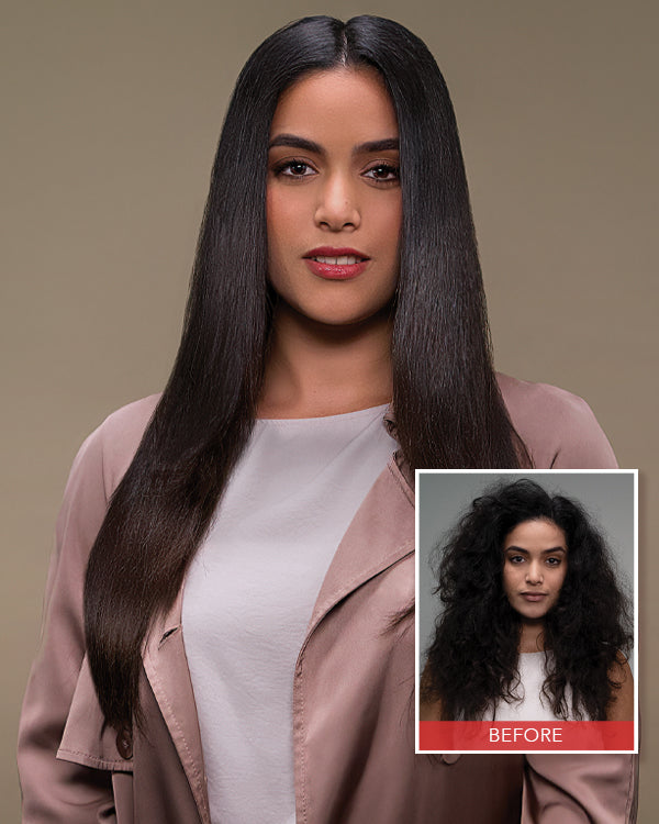 Smooth glossy straight hair maintained with Keratin Complex KCEXPRESS aftercare routine